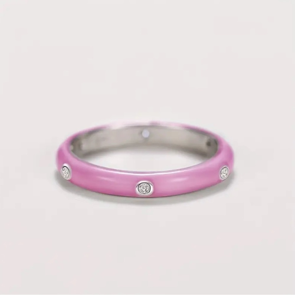 Pink Enamel Ring with Clear Stones Various Sizes